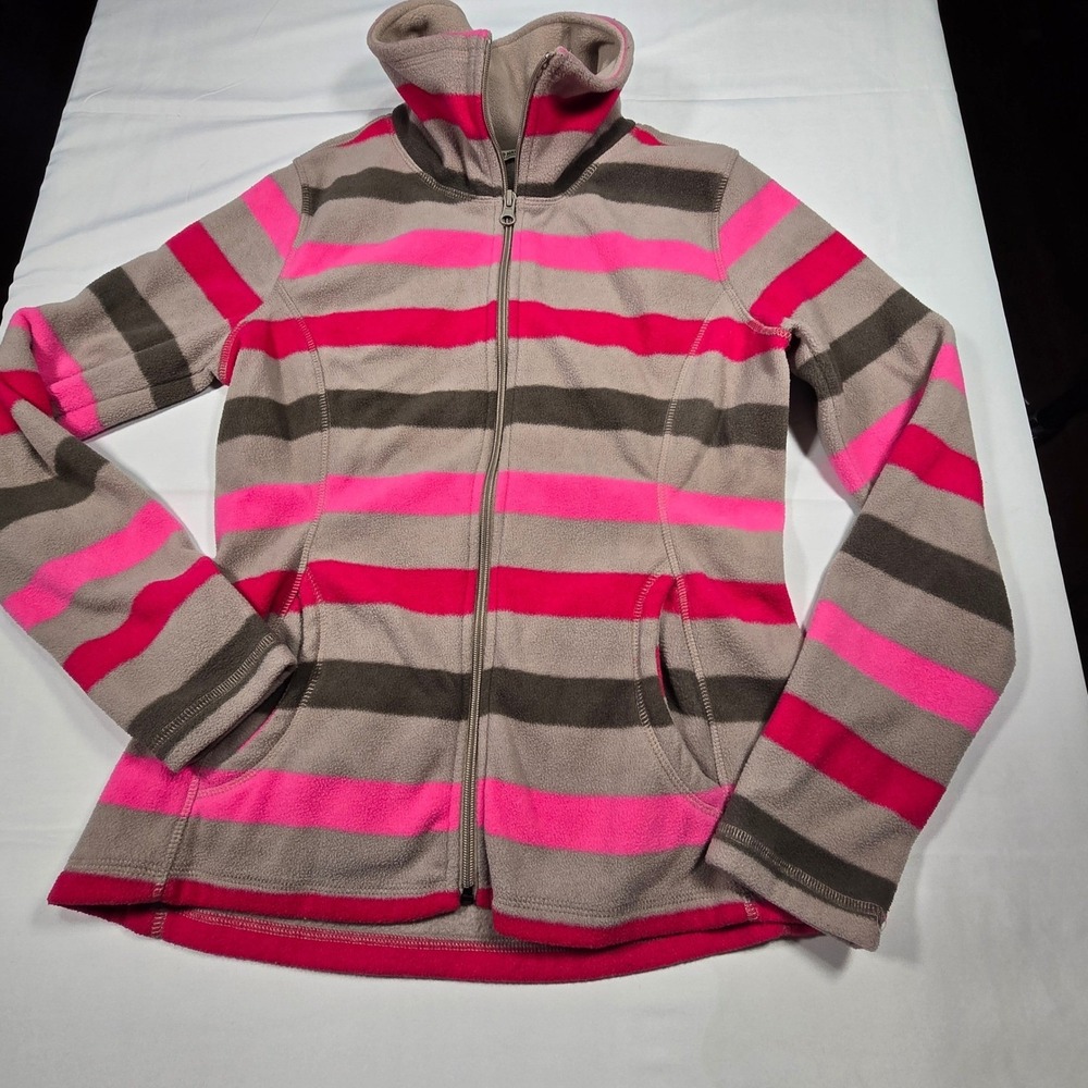 Old Navy Womens Pink Grey Striped Full Zip Fleece Jacket Mock Neck Small